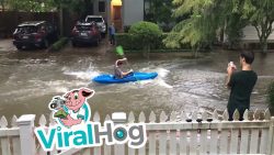 Auf der überfluteten Straße Kajak fahren auf der ueberfluteten strasse ka